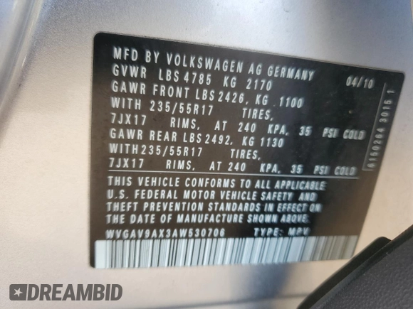 2010 Volkswagen Tiguan with VIN WVGAV9AX3AW530706, listed as a Copart auction lot 44738295 with 133,412 mi miles and Clean Title. Bid and sale history available at DreamBid. Image 13.