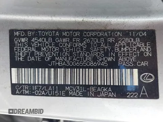 2005 Lexus ES 350 with VIN JTHBA30G655086945, listed as a IAAI auction lot 42563974 with 126,607 mi miles and . Bid and sale history available at DreamBid. Image 9.