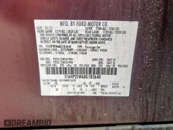 2011 Ford Taurus SEL z VIN 1FAHP2EW6BG183640, wystawiony jako Copart lot #54662745 z przebiegiem 149 309 mil mil oraz Szkoda całkowita • Salvage title. Historia ofert i sprzedaży dostępna na DreamBid. Obrazek 12.