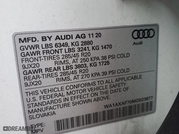 2021 Audi Q7 Premium with VIN WA1AXAF70MD023877, listed as a Copart auction lot 49084005 with 28,431 mi miles and Non Repairable. Bid and sale history available at carsss.com. Image 13.