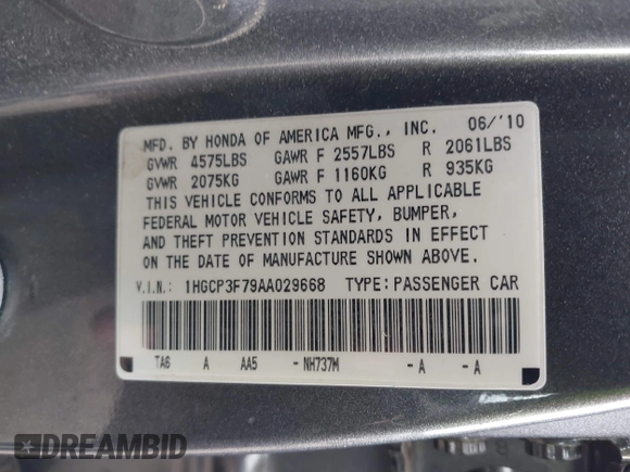 2010 Honda Accord EX z VIN 1HGCP3F79AA029668, wystawiony jako IAAI lot #41344318 z przebiegiem 106 937 mil mil oraz . Historia ofert i sprzedaży dostępna na DreamBid. Obrazek 9.