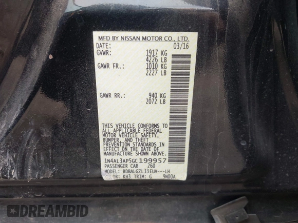 2016 Nissan Altima SL with VIN 1N4AL3AP5GC199957, listed as a IAAI auction lot 42063780 with 112,481 mi miles and . Bid and sale history available at carsss.com. Image 9.