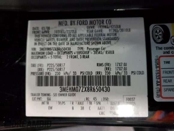 2008 Mercury Milan z VIN 3MEHM07ZX8R650430, wystawiony jako Copart lot #61915485 z przebiegiem 172 240 mil mil oraz Szkoda całkowita • Salvage title. Historia ofert i sprzedaży dostępna na DreamBid. Obrazek 12.