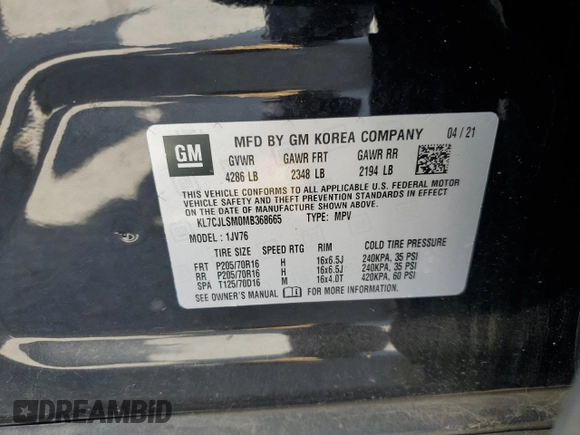 2021 Chevrolet Trax LT with VIN KL7CJLSM0MB368665, listed as a Copart auction lot 63874815 with Not provided miles and Salvage title. Bid and sale history available at DreamBid. Image 12.