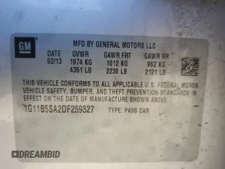 2013 Chevrolet Malibu LS with VIN 1G11B5SA2DF259327, listed as a Copart auction lot 48559065 with 140,226 mi miles and Salvage Title. Bid and sale history available at DreamBid. Image 12.