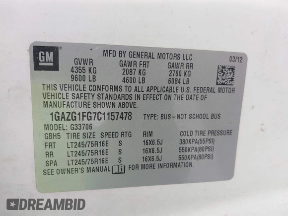 2012 Chevrolet Express Passenger 1LT with VIN 1GAZG1FG7C1157478, listed as a IAAI auction lot 41790091 with 169,173 mi miles and . Bid and sale history available at DreamBid. Image 9.