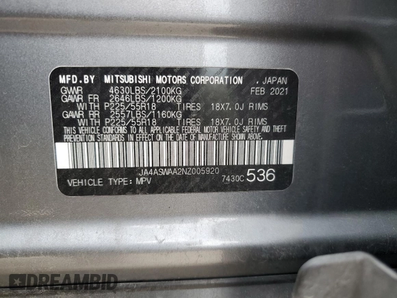 2022 Mitsubishi Eclipse Cross SE с VIN JA4ASWAA2NZ005920, выставлен на аукционе Copart как лот 78071994 с пробегом 49 050 миль миль и Чистый • Clean title. История ставок и продаж доступна на DreamBid. Изображение 13.