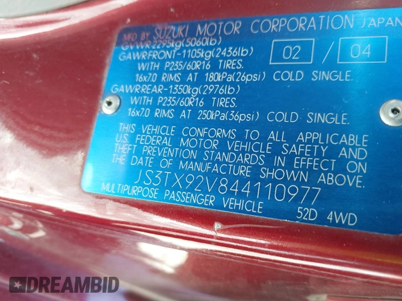 2004 Suzuki XL7 LX z VIN JS3TX92V844110977, wystawiony jako IAAI lot #41343611 z przebiegiem 64 773 mil mil oraz . Historia ofert i sprzedaży dostępna na DreamBid. Obrazek 9.