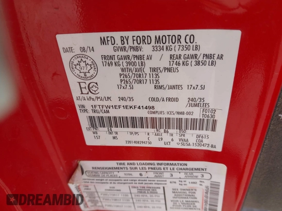 2014 Ford F-150 XL with VIN 1FTFW1EF1EKF41498, listed as a IAAI auction lot 42576928 with 244,262 mi miles and . Bid and sale history available at DreamBid. Image 8.