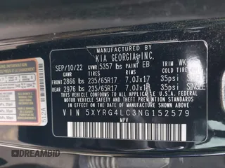 2022 Kia Sorento LX with VIN 5XYRG4LC3NG152579, listed as a IAAI auction lot 42092276 with 77,101 mi miles and . Bid and sale history available at DreamBid. Image 9.