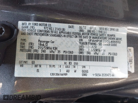 2012 Ford Focus SE with VIN 1FAHP3F22CL456552, listed as a IAAI auction lot 42341696 with 129,699 mi miles and . Bid and sale history available at DreamBid. Image 9.