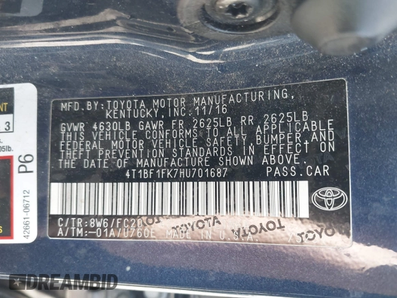 2017 Toyota Camry XLE with VIN 4T1BF1FK7HU701687, listed as a IAAI auction lot 42281837 with 194,616 mi miles and . Bid and sale history available at DreamBid. Image 9.