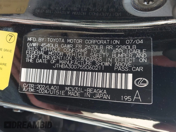 2005 Lexus ES 330 with VIN JTHBA30G755060211, listed as a IAAI auction lot 41819590 with 140,679 mi miles. Bid and sale history available at carsss.com. Image 9.