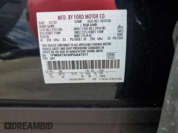2023 Ford Explorer ST-Line with VIN 1FMSK7KH0PGA47511, listed as a Copart auction lot 73686344 with 9,348 mi miles and Non Repairable. Bid and sale history available at carsss.com. Image 14.