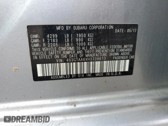 2017 Subaru Impreza with VIN 4S3GTAA6XH3739613, listed as a Copart auction lot 54130125 with 191,962 mi miles and Salvage title. Bid and sale history available at DreamBid. Image 12.