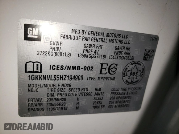 2017 GMC Acadia SLT with VIN 1GKKNVLS5HZ194900, listed as a Copart auction lot 73453222 with Not Provided miles and Salvage Title. Bid and sale history available at DreamBid. Image 14.