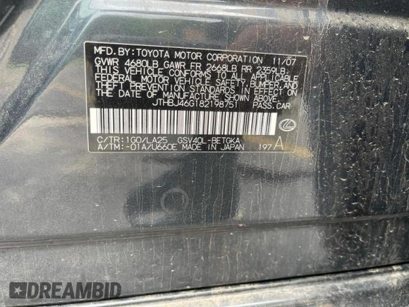 2008 Lexus ES with VIN JTHBJ46G182198751, listed as a Copart auction lot 55494655 with 195,194 mi miles and Salvage Title. Bid and sale history available at carsss.com. Image 10.