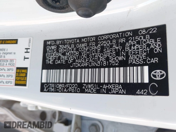 2022 Toyota Prius L Eco with VIN JTDKAMFUXN3181752, listed as a IAAI auction lot 42015717 with 129,637 mi miles and . Bid and sale history available at DreamBid. Image 9.