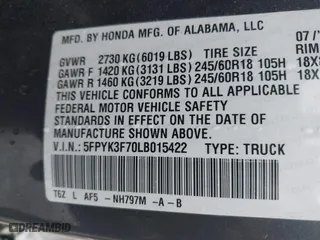 2020 Honda Ridgeline RTL-E with VIN 5FPYK3F70LB015422, listed as a IAAI auction lot 41578369 with 78,860 mi miles. Bid and sale history available at carsss.com. Image 9.