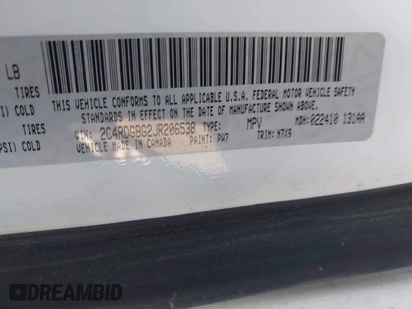 2018 Dodge Grand Caravan SE Plus with VIN 2C4RDGBG2JR206538, listed as a IAAI auction lot 41337205 with 219,287 mi miles and . Bid and sale history available at DreamBid. Image 9.
