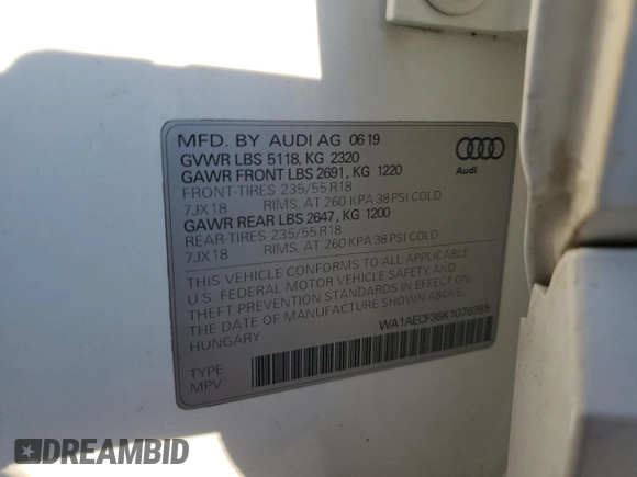2019 Audi Q3 Premium with VIN WA1AECF38K1076355, listed as a Copart auction lot 74242994 with 86,594 mi miles and Salvage Title. Bid and sale history available at carsss.com. Image 13.