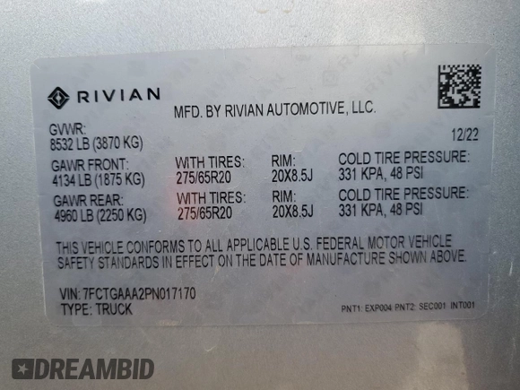 2023 Rivian R1T Adventure with VIN 7FCTGAAA2PN017170, listed as a Copart auction lot 77473014 with 28,821 mi miles and Salvage Title. Bid and sale history available at DreamBid. Image 12.