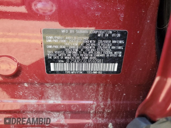 2020 Subaru Forester Limited with VIN JF2SKASC6LH592981, listed as a Copart auction lot 51133975 with 20,710 mi miles and Salvage Title. Bid and sale history available at carsss.com. Image 13.