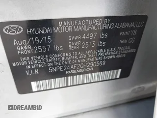 2016 Hyundai Sonata 2.4L with VIN 5NPE24AF2GH290569, listed as a IAAI auction lot 41937016 with 113,756 mi miles and . Bid and sale history available at carsss.com. Image 9.