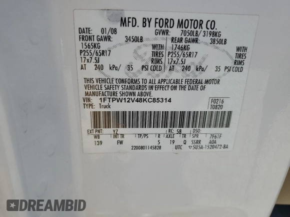 2008 Ford F-150 XLT with VIN 1FTPW12V48KC85314, listed as a Copart auction lot 54584605 with 177,811 mi miles and Salvage title. Bid and sale history available at DreamBid. Image 12.