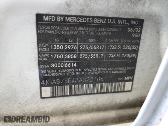 2003 Mercedes-Benz M-Class with VIN 4JGAB75E43A372186, listed as a Copart auction lot 84168224 with 224,588 mi miles and Salvage Title. Bid and sale history available at carsss.com. Image 13.