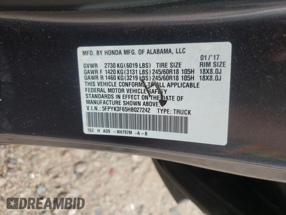 2017 Honda Ridgeline RTL-T with VIN 5FPYK3F65HB027242, listed as a Copart auction lot 62584355 with 43,165 mi miles and Salvage title. Bid and sale history available at DreamBid. Image 12.