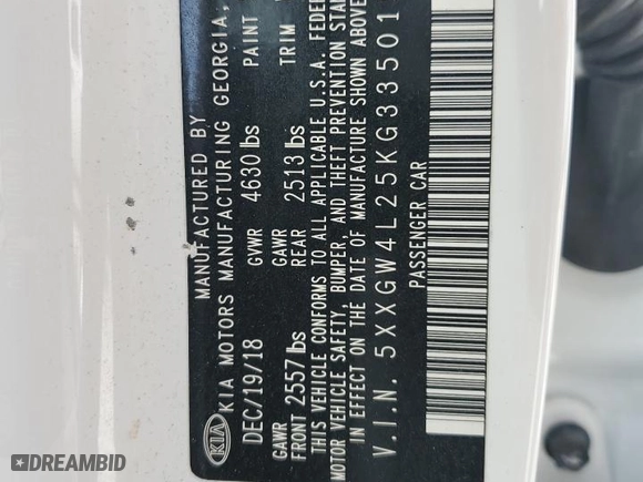 2019 Kia Optima SX with VIN 5XXGW4L25KG335015, listed as a Copart auction lot 49240855 with 51,933 mi miles and Salvage Title. Bid and sale history available at carsss.com. Image 12.