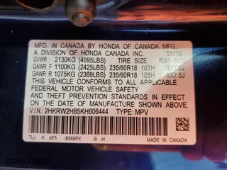 2019 Honda CR-V EX-L with VIN 2HKRW2H85KH606444, listed as a Copart auction lot 52387965 with 38,761 mi miles and Non Repairable. Bid and sale history available at carsss.com. Image 15.