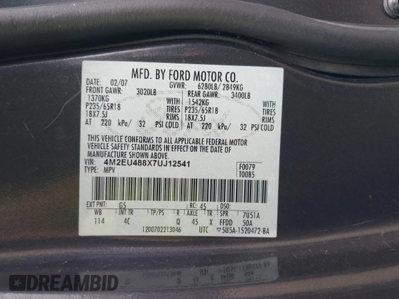 2007 Mercury Mountaineer Premier with VIN 4M2EU488X7UJ12541, listed as a IAAI auction lot 42534896 with 141,316 mi miles and . Bid and sale history available at DreamBid. Image 9.