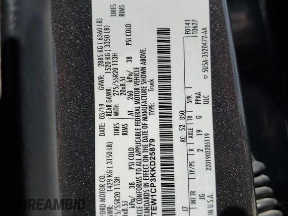 2019 Ford F-150 XL with VIN 1FTEW1CP3KKD25879, listed as a Copart auction lot 54385755 with 146,248 mi miles and Salvage title. Bid and sale history available at DreamBid. Image 12.