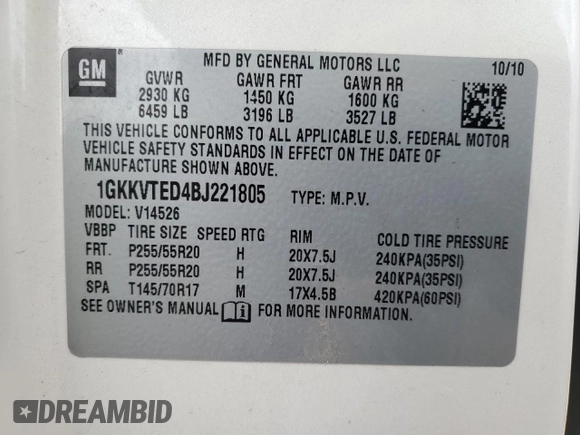 2011 GMC Acadia Denali with VIN 1GKKVTED4BJ221805, listed as a Copart auction lot 42036895 with 198,561 mi miles and Salvage Title. Bid and sale history available at carsss.com. Image 15.