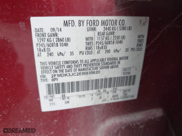 2014 Ford Edge SEL with VIN 2FMDK3JC2EBB35620, listed as a IAAI auction lot 41916822 with 68,824 mi miles. Bid and sale history available at carsss.com. Image 9.