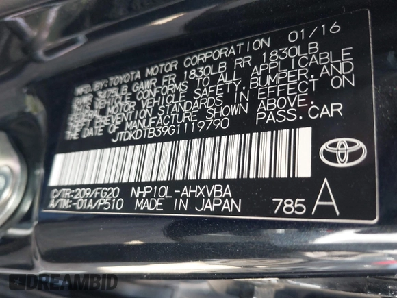 2016 Toyota Prius One with VIN JTDKDTB39G1119790, listed as a IAAI auction lot 41975362 with 132,904 mi miles and . Bid and sale history available at DreamBid. Image 9.