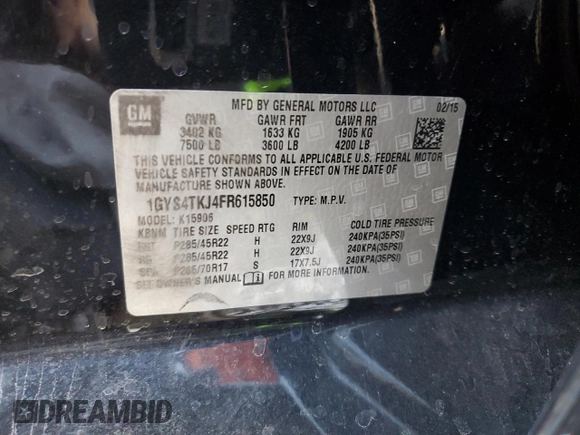 2015 Cadillac Escalade ESV Premium z VIN 1GYS4TKJ4FR615850, wystawiony jako Copart lot #57126125 z przebiegiem 104 693 mil mil oraz Szkoda całkowita • Salvage title. Historia ofert i sprzedaży dostępna na DreamBid. Obrazek 12.