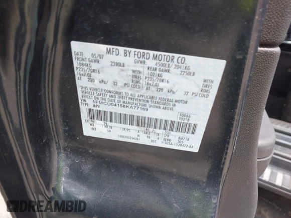 2008 Ford Escape Limited with VIN 1FMCU04158KA77169, listed as a IAAI auction lot 42313281 with 71,558 mi miles and . Bid and sale history available at DreamBid. Image 9.