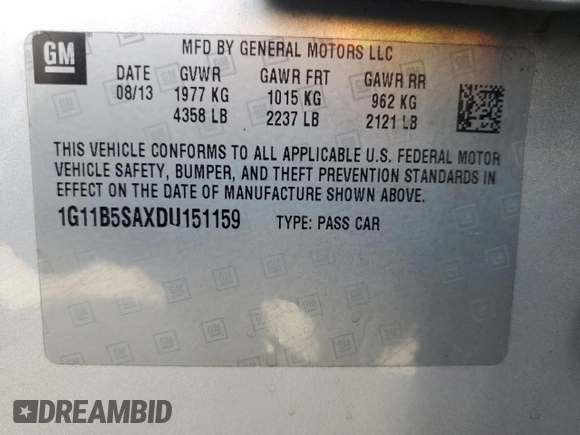 2013 Chevrolet Malibu LS with VIN 1G11B5SAXDU151159, listed as a Copart auction lot 47932965 with 214,080 mi miles and Salvage Title. Bid and sale history available at DreamBid. Image 12.