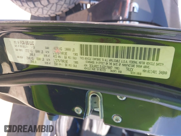2018 Ram 2500 Tradesman with VIN 3C6UR5CL3JG217007, listed as a IAAI auction lot 42223854 with 127,000 mi miles and . Bid and sale history available at DreamBid. Image 9.