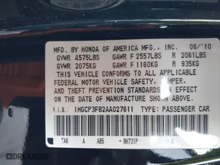 2010 Honda Accord Sdn EX-L with VIN 1HGCP3F82AA027611, listed as a IAAI auction lot 41768217 with 161,763 mi miles. Bid and sale history available at carsss.com. Image 9.
