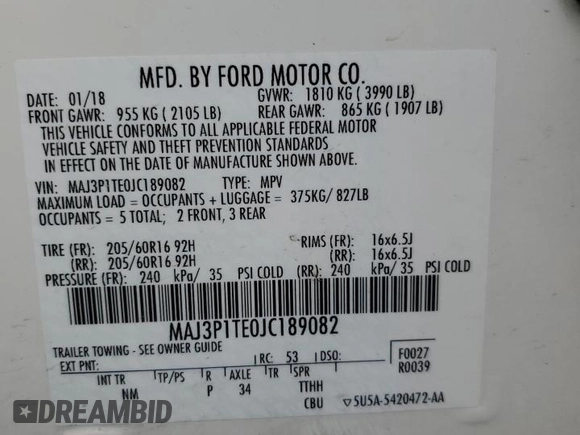 2018 Ford EcoSport SE z VIN MAJ3P1TE0JC189082, wystawiony jako Copart lot #49807575 z przebiegiem 79 865 mil mil oraz Szkoda całkowita • Salvage title. Historia ofert i sprzedaży dostępna na DreamBid. Obrazek 15.