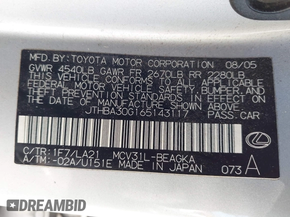 2006 Lexus ES 350 with VIN JTHBA30G165143117, listed as a IAAI auction lot 42004557 with 203,573 mi miles and . Bid and sale history available at DreamBid. Image 9.
