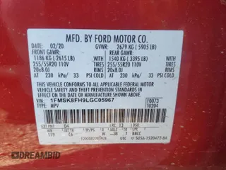 2020 Ford Explorer Limited z VIN 1FMSK8FH9LGC05967, wystawiony jako Copart lot #62001755 z przebiegiem 56 592 mil mil oraz Szkoda całkowita • Salvage title. Historia ofert i sprzedaży dostępna na DreamBid. Obrazek 13.
