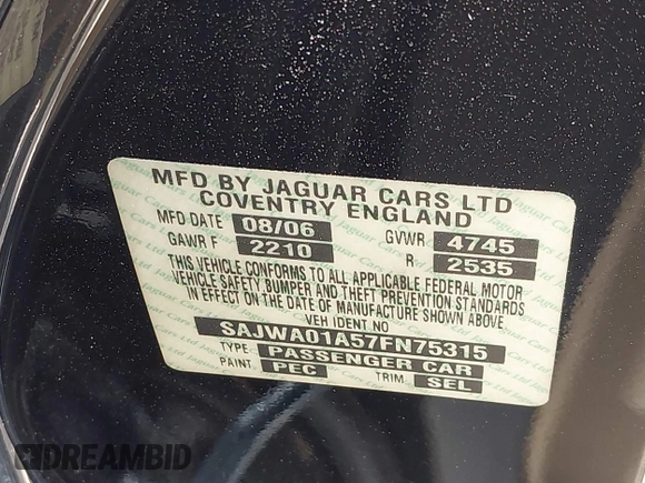 2007 Jaguar S-Type 3.0 with VIN SAJWA01A57FN75315, listed as a IAAI auction lot 41482994 with Not Provided miles. Bid and sale history available at carsss.com. Image 9.