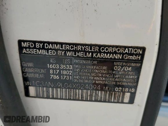 2004 Chrysler Crossfire with VIN 1C3AN69L04X024094, listed as a Copart auction lot 47047425 with 210,638 mi miles and Salvage title. Bid and sale history available at DreamBid. Image 12.
