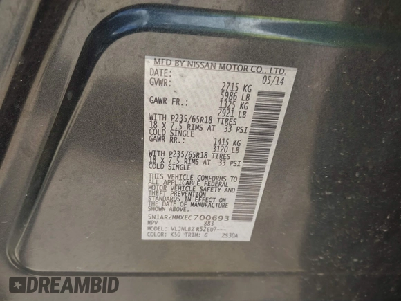 2014 Nissan Pathfinder Platinum with VIN 5N1AR2MMXEC700693, listed as a IAAI auction lot 42587795 with 148,014 mi miles and . Bid and sale history available at DreamBid. Image 9.