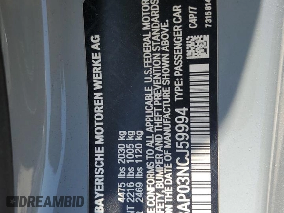 2022 BMW 4 Series 430i with VIN WBA53AP03NCJ59994, listed as a Copart auction lot 63267865 with 33,328 mi miles and Salvage title. Bid and sale history available at DreamBid. Image 13.